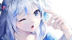 Rule 34 | 1girl, :o, blue eyes, blue hair, chap sal !, crystal, fang, gawr gura, highres, holding, hololive, hololive english, multicolored hair, nail polish, one eye closed, open mouth, pink nails, portrait, silver hair, solo, streaked hair, two side up, virtual youtuber, white background