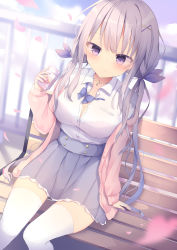 Rule 34 | 1girl, absurdres, bad id, bad pixiv id, blue bow, blue sky, blurry, blurry background, blush, bow, breasts, cardigan, closed mouth, cloud, collarbone, collared shirt, commentary request, day, depth of field, drinking straw, fingernails, gradient hair, grey hair, hair ornament, hair ribbon, hand up, highres, holding, long hair, long sleeves, looking at viewer, medium breasts, milk carton, moe2019, multicolored hair, nail polish, off shoulder, open cardigan, open clothes, original, outdoors, petals, pink cardigan, pleated skirt, purple eyes, purple hair, purple nails, purple ribbon, purple skirt, railing, ribbon, shirt, sitting, skirt, sky, sleeves past wrists, smile, solo, thighhighs, tsuruse, very long hair, white shirt, white thighhighs, x hair ornament