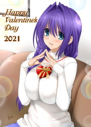 Rule 34 | 1girl, 2021, blue eyes, blue skirt, blush, box, braid, breasts, commentary request, couch, dated, hair between eyes, hair intakes, happy valentine, heart-shaped box, huge breasts, impossible clothes, impossible sweater, kanon, lens flare, long sleeves, looking at viewer, mature female, minase akiko, mitarashi kousei, on couch, parted lips, picture frame, purple hair, side braid, sidelocks, signature, sitting, skirt, sleeves past wrists, smile, solo, steepled fingers, sweater, valentine, white sweater