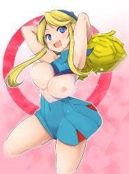 Rule 34 | 1girl, bad id, bad pixiv id, blonde hair, blue eyes, bouncing breasts, breasts, cheerleader, heroman, highres, impossible clothes, impossible shirt, large breasts, lina davis, nipples, pom pom (cheerleading), see-through, shachi kamaboko, shirt, solo