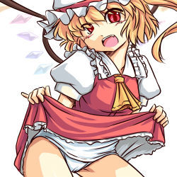 Rule 34 | 1girl, bad id, bad pixiv id, blonde hair, clothes lift, dress, dress lift, fang, female focus, flandre scarlet, hat, kakkou, looking at viewer, lowres, one-piece swimsuit, open mouth, pinky out, ponytail, red eyes, school swimsuit, short hair, side ponytail, smile, solo, swimsuit, swimsuit under clothes, touhou, white one-piece swimsuit, wings