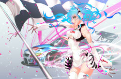 Rule 34 | 1girl, absurdres, bad id, bad pixiv id, bare shoulders, blue eyes, blue hair, bmw, bmw z4, car, checkered flag, confetti, cowboy shot, dress, eyeshadow, flag, gloves, goodsmile company, goodsmile racing, hatsune miku, headphones, highres, long hair, makeup, matching hair/eyes, max factory, motor vehicle, open clothes, pointing, profile, race queen, race vehicle, racecar, racing miku, racing miku (2014), ribbon, rukiana, short dress, smile, smiley face, solo, thighhighs, twintails, underwear, upskirt, vehicle, vocaloid