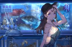 Rule 34 | 1girl, arm up, baseball cap, breasts, brown hair, cleavage, collarbone, crop top, earrings, fish, fish bone, fish tank, food, hand up, hat, hoop earrings, indoors, jewelry, korean text, large breasts, long hair, looking at viewer, necklace, net, original, overalls, popsicle, purple eyes, shirt, sideboob, sleeveless, snail, solo, standing, sweat, tank top, translation request, water, white shirt, whoisshe