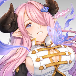 Rule 34 | ahngkeut, breasts, bug, butterfly, cleavage, detached sleeves, gradient background, granblue fantasy, grey background, hair ornament, hair over one eye, horns, insect, large breasts, long hair, looking at viewer, narmaya (granblue fantasy), parted lips, pink hair, pointy ears, purple eyes, smile, solo, straight hair, teeth, twitter username, upper body