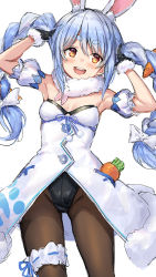 Rule 34 | 1girl, :d, animal ear fluff, animal ears, armpits, arms up, bare shoulders, black gloves, black leotard, blue hair, braid, bridal garter, brown pantyhose, carrot, coat, cowboy shot, detached sleeves, fur collar, fur trim, gloves, groin, guchico, hololive, leotard, long hair, looking at viewer, open mouth, orange eyes, pantyhose, playboy bunny, rabbit ears, simple background, sketch, smile, solo, strapless, strapless leotard, thick eyebrows, twin braids, twintails, unfinished, usada pekora, usada pekora (1st costume), virtual youtuber, white background, white coat