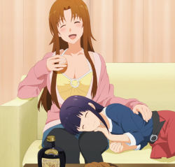 Rule 34 | 2girls, blush, breasts, brown hair, cleavage, couch, closed eyes, highres, lap, long hair, lying, multiple girls, on side, open mouth, purple hair, screencap, sitting, smile, takanashi kozue, working!!, yamada aoi