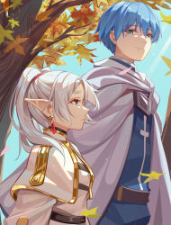 Rule 34 | 1boy, 1girl, absurdres, autumn, autumn leaves, blue eyes, blue hair, blue jacket, cape, capelet, closed mouth, day, earrings, elf, frieren, grey cape, hair between eyes, hair over shoulder, height difference, highres, himmel (sousou no frieren), jacket, jewelry, long hair, looking at another, luai, outdoors, pointy ears, profile, short hair, smile, sousou no frieren, standing, sunlight, twintails, white capelet, white hair