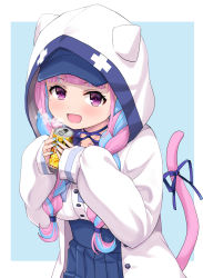 Rule 34 | 1girl, :d, animal hood, blue bow, blue bowtie, blue choker, blue hair, blue skirt, blunt bangs, blush, bow, bowtie, braid, breasts, can, cat girl, cat hood, cat tail, choker, cowboy shot, haniwa (leaf garden), high-waist skirt, highres, holding, holding can, hololive, hood, hooded jacket, jacket, large breasts, long hair, long sleeves, looking at viewer, minato aqua, minato aqua (sailor), multicolored hair, open clothes, open jacket, open mouth, pleated skirt, purple eyes, purple hair, ribbon, ribbon choker, shirt, skirt, smile, solo, tail, tail ornament, tail ribbon, twin braids, twintails, two-tone hair, underbust, virtual youtuber, white jacket, white shirt