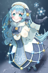 Rule 34 | 1girl, absurdres, aqua eyes, bad id, bad pixiv id, bass clef, beret, blue bow, blue dress, blue gloves, blue hair, blue tabard, blush, boots, bow, braid, capelet, christmas lights, commentary, dress, foreshortening, fortissimo, full body, fur-trimmed boots, fur-trimmed capelet, fur trim, gloves, gold trim, hair bow, hair ornament, hairclip, hand up, hat, hatsune miku, highres, light blue hair, long hair, looking at viewer, musical note, musical note hair ornament, night, signature, smile, snowflake print, snowflakes, snowing, solo, sotohane haruko, standing, stone floor, tabard, treble clef, twintails, very long hair, vocaloid, white capelet, white dress, white hat, yuki miku, yuki miku (2021)