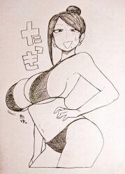 Rule 34 | 1girl, armpits, ass, asymmetrical bangs, bare shoulders, bijin onna joushi takizawa-san, bikini, black eyes, black hair, blush, bouncing breasts, breasts, collarbone, earrings, eyebrows, eyebrows hidden by hair, eyelashes, feet out of frame, female focus, hair bun, half-closed eyes, hand on own hip, huge breasts, japanese text, jewelry, large breasts, long bangs, mole, mole under mouth, monochrome, navel, open mouth, parted bangs, pen (medium), sagging breasts, sideboob, solo, solo focus, standing, sweat, sweatdrop, swimsuit, takizawa kyouko, traditional media, wide hips, yan-baru