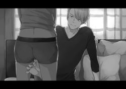 Rule 34 | 10s, 2boys, ass, back, between legs, blurry, boxers, couch, curtains, depth of field, footjob, greyscale, hair over one eye, head out of frame, indoors, katsuki yuuri, letterboxed, looking at another, male focus, male underwear, mamemomota, monochrome, multiple boys, no pants, penis, pillow, sitting, smile, underwear, viktor nikiforov, yaoi, yuri!!! on ice