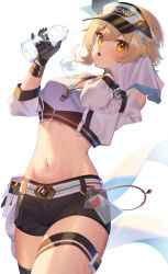 Rule 34 | 1girl, :o, belt, black gloves, blonde hair, bottle, breasts, commentary request, cowboy shot, crop top, genshin impact, gloves, highres, holding, holding bottle, jacket, lumine (genshin impact), medium breasts, meshiro, midriff, navel, open clothes, open jacket, open mouth, simple background, solo, standing, stomach, thigh strap, thighs, visor cap, water bottle, white background, white belt, white jacket, yellow eyes