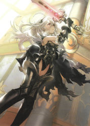 Rule 34 | 1girl, alternate costume, armor, black armor, breasts, cape, cleavage, corrin (female) (fire emblem), corrin (fire emblem), fire emblem, fire emblem cipher, fire emblem fates, glowing, glowing weapon, hairband, highres, long hair, looking at viewer, medium breasts, nintendo, official art, pointy ears, red eyes, scan, silver hair, solo, sword, thighs, torn cape, torn clothes, weapon, yato (fire emblem)