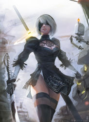 Rule 34 | 1girl, aimedz, artist name, black dress, black footwear, black gloves, black thighhighs, boots, breasts, cleavage, cleavage cutout, clenched hand, closed mouth, clothing cutout, covered eyes, crane (machine), deviantart username, dress, facing viewer, gloves, grey sky, highres, holding, holding sword, holding weapon, juliet sleeves, leotard, light smile, lips, long sleeves, medium breasts, nier (series), nier:automata, puffy sleeves, short hair, sky, solo, sword, thigh boots, thighhighs, thighhighs under boots, turtleneck, vambraces, watermark, weapon, web address, white hair, white leotard, 2b (nier:automata), 9s (nier:automata)