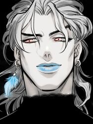 Rule 34 | 1boy, mismatched earrings, blue lips, dio brando, earrings, feather earrings, feathers, jewelry, jojo no kimyou na bouken, lace trim, merumeru626, red eyes, solo, spot color, stardust crusaders, turtle