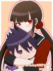Rule 34 | 1girl, black sailor collar, blush, border, brown hair, character doll, danganronpa (series), danganronpa v3: killing harmony, dated, doll, hugging doll, earrings, hair ornament, hair scrunchie, happy birthday, harukawa maki, highres, holding, holding doll, jewelry, long hair, long sleeves, low twintails, mole, mole under eye, momota kaito, hugging object, red eyes, red scrunchie, red shirt, sailor collar, scrunchie, shirt, solo, suiren yurei, translation request, twintails, white border