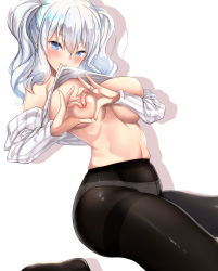 Rule 34 | 1girl, bad anatomy, black pantyhose, blue eyes, breasts, covered erect nipples, crotch seam, heart, heart hands, highres, jewelry, kantai collection, kashima (kancolle), large breasts, long hair, long sleeves, multiple views, panties, panties under pantyhose, pantyhose, ring, silver hair, smile, solo, thighband pantyhose, underwear, untue, wedding band