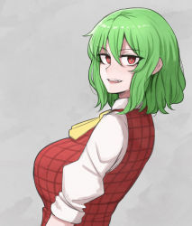 Rule 34 | 1girl, ascot, breasts, collared shirt, commentary, dutch angle, english commentary, green hair, grey background, highres, kazami yuuka, large breasts, looking at viewer, looking back, mata (matasoup), medium hair, open mouth, plaid, plaid vest, red eyes, red vest, shirt, sleeves rolled up, solo, touhou, upper body, vest, white shirt, yellow ascot