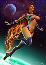 Rule 34 | 1girl, 2013, boots, breasts, cleavage, dc comics, gradient hair, green eyes, huge breasts, iury padilha, long hair, midriff, moon, multicolored hair, navel, no bra, orange hair, planet, purple lips, red hair, revealing clothes, solo, space, starfire, teen titans, thigh boots, thighhighs, underboob, very long hair