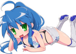 Rule 34 | 1girl, ahoge, alternate costume, alternate hairstyle, bikini, black bikini, blue hair, blush, boots, commentary request, flat chest, green eyes, grey footwear, grey thighhighs, izumi konata, long hair, lucky star, lying, mole, mole under eye, on stomach, open mouth, ponytail, senzoc, simple background, smile, solo, swimsuit, thigh boots, thighhighs, white background