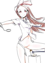 Rule 34 | 1girl, bottomless, bow, brown hair, clearite, cuffs, hair bow, handcuffs, idolmaster, idolmaster (classic), long hair, looking at viewer, minase iori, navel, no pussy, panties, panties around leg, red eyes, smile, solo, underwear, white background