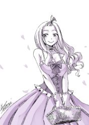 Rule 34 | 1girl, artist name, bare shoulders, basket, bow, breasts, choker, cleavage, collarbone, cowboy shot, dress, fairy tail, gloves, greyscale, holding, holding basket, large breasts, long hair, looking at viewer, mashima hiro, mirajane strauss, monochrome, official art, picnic basket, signature, simple background, sleeveless, smile, solo, standing, watermark, white background