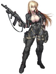 Rule 34 | 1girl, ak-12, assault rifle, belt, belt pouch, black gloves, black jacket, black pants, blonde hair, blue eyes, breasts, cleavage, closed mouth, dairoku ryouhei, fingerless gloves, full body, gloves, gun, hand on own hip, handgun, hetza (hellshock), holding, holding weapon, holstered, jacket, kalashnikov rifle, large breasts, leg armor, long hair, looking at viewer, pants, pistol, pouch, rifle, smirk, solo, standing, thigh belt, thigh strap, tight clothes, transparent background, trigger discipline, weapon