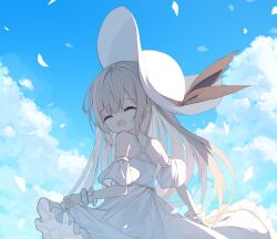 Rule 34 | 1girl, :d, ^ ^, bare shoulders, blue sky, closed eyes, cloud, commentary request, criss-cross halter, day, dress, facing viewer, frilled dress, frills, from behind, grey hair, halterneck, hat, healer girl (yuuhagi (amaretto-no-natsu)), long hair, open mouth, original, petals, skirt hold, sky, smile, solo, sun hat, very long hair, white dress, white hat, wrist cuffs, yuuhagi (amaretto-no-natsu)