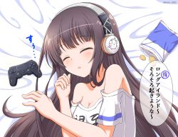 Rule 34 | 1girl, :o, azur lane, bag of chips, bare shoulders, bed sheet, blush, breasts, brown hair, chips (food), cleavage, closed eyes, clothes writing, collarbone, commentary request, controller, facing viewer, food, game controller, hands up, headphones, kamishiro (rsg10679), long hair, long island (azur lane), long island (long island - indoor slacker) (azur lane), lying, medium breasts, off shoulder, on side, parted lips, potato chips, shirt, short sleeves, sleeping, solo, translation request, twitter username, very long hair, white shirt