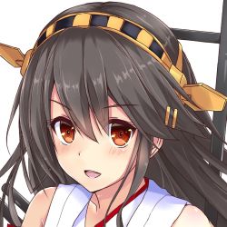 Rule 34 | 10s, 1girl, :d, black hair, collarbone, hair between eyes, haruna (kancolle), headband, kantai collection, long hair, looking at viewer, open mouth, portrait, red eyes, simple background, sleeveless, smile, solo, syun3783, white background
