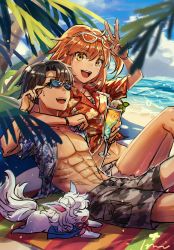 Rule 34 | 1boy, 1girl, abs, beach towel, black hair, blue eyes, camouflage, creature, fate/grand order, fate (series), fou (fate), fujimaru ritsuka (female), fujimaru ritsuka (female) (tropical summer), fujimaru ritsuka (male), fujimaru ritsuka (male) (tropical summer), hawaiian shirt, highres, jewelry, looking at viewer, mento, necklace, ocean, official alternate costume, open clothes, open shirt, orange hair, palm tree, shirt, shore, shorts, smile, sunglasses, tan, tied shirt, towel, tree, tropical summer (fate), v, yellow eyes