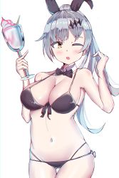 Rule 34 | 1girl, absurdres, armpit peek, bad id, bad pixiv id, bare arms, bare legs, bare shoulders, bikini, black bikini, black ribbon, blush, bow, bowtie, breasts, choker, cleavage, collarbone, cup, drinking glass, five-seven (cruise queen) (girls&#039; frontline), five-seven (girls&#039; frontline), food, front-tie bikini top, front-tie top, girls&#039; frontline, gluteal fold, hair ornament, hair ribbon, hairclip, hand up, highres, holding, holding cup, holding drinking glass, ice cream, large breasts, long hair, looking at viewer, lowleg, lowleg bikini, navel, official alternate costume, one eye closed, parfait, ponytail, ribbon, side-tie bikini bottom, silver hair, solo, spam (food), stomach, straw, swimsuit, thighs, very long hair, white background