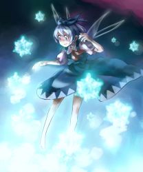 Rule 34 | 1girl, bad id, bad pixiv id, blue hair, cirno, female focus, highres, ice, perfect cherry blossom, ribbon, short hair, snowflakes, solo, touhou, watanabe minoru, wings