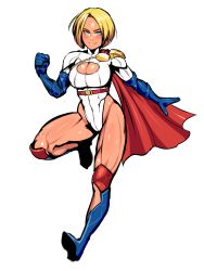 Rule 34 | 1girl, blonde hair, blue eyes, blue gloves, boots, breasts, cape, cleavage, cleavage cutout, clenched hand, clothing cutout, dc comics, elbow gloves, forehead, full body, gloves, highres, knee boots, knee pads, large breasts, leotard, looking at viewer, nisetanaka, power girl, short hair, smile, solo, superhero costume, superman (series), thick thighs, thighs, white background