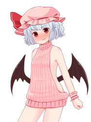 Rule 34 | 1girl, bare arms, bare shoulders, batta (ijigen debris), blue hair, blush, commentary request, contrapposto, cowboy shot, embarrassed, fang, fang out, hat, head tilt, highres, looking at viewer, low wings, meme attire, mob cap, nose blush, pink hat, pink sweater, red eyes, remilia scarlet, ribbed sweater, short hair, simple background, solo, standing, sweater, touhou, virgin killer sweater, white background, wings, wrist cuffs
