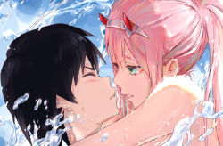 Rule 34 | 1boy, 1girl, 760511009, aqua eyes, arms around neck, bare shoulders, black hair, blush, brown background, closed eyes, copyright name, couple, darling in the franxx, day, from side, grey hairband, hairband, hetero, highres, hiro (darling in the franxx), horns, hug, imminent kiss, long hair, looking at another, outdoors, parted lips, pink hair, ponytail, portrait, short hair, splashing, upper body, water, wet, zero two (darling in the franxx)