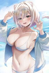 Rule 34 | 1girl, absurdres, animal ears, bare shoulders, beach, bikini, blue jacket, breasts, cleavage, collarbone, eyewear on head, fang, green eyes, grey hair, highres, hololive, jacket, large breasts, lion ears, lion girl, lion tail, long sleeves, navel, nekorone0222, open clothes, open jacket, open mouth, outdoors, shishiro botan, short hair, swimsuit, tail, virtual youtuber, white bikini