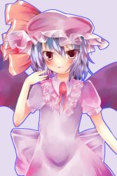 Rule 34 | 1girl, blush, child, dress, flat chest, hat, looking at viewer, mizapiza, mob cap, open mouth, puffy sleeves, remilia scarlet, shiny skin, short sleeves, simple background, standing, touhou, wings