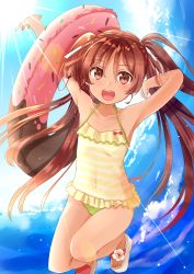 Rule 34 | 10s, 1girl, brown eyes, brown hair, casual one-piece swimsuit, dark-skinned female, dark skin, doughnut, doughnut innertube, food, food-themed ornament, frilled swimsuit, frills, highres, innertube, kantai collection, libeccio (kancolle), long hair, one-piece swimsuit, open mouth, sandals, solo, sprinkles, striped clothes, striped one-piece swimsuit, swim ring, swimsuit, twintails, yellow one-piece swimsuit, yuna (yukiyuna)