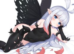 Rule 34 | 1girl, 2drr, anne (bravely second), antenna hair, arm behind back, black footwear, black gloves, black leotard, black thighhighs, blue eyes, blush, boots, bravely default (series), bravely second: end layer, breasts, butterfly wings, cheek rest, commission, commissioner upload, covered navel, fairy, gloves, highleg, highleg leotard, insect wings, legs, leotard, long hair, lying, on side, pixiv commission, pointy ears, silver hair, smile, solo, thigh boots, thighhighs, thighs, wings