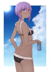 Rule 34 | 1girl, ass, bare arms, bare shoulders, bikini, black bikini, blue sky, blush, breasts, butt crack, can, closed mouth, cloud, cloudy sky, dark-skinned female, dark skin, day, fate/prototype, fate/prototype: fragments of blue and silver, fate (series), hair between eyes, hassan of serenity (fate), holding, holding can, i.u.y, pocari sweat, purple eyes, purple hair, sidelocks, sky, small breasts, solo, sun, sweat, swimsuit
