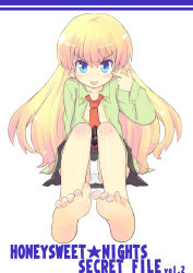 Rule 34 | 1girl, akanbe, barefoot, blonde hair, blue eyes, eyelid pull, feet, foot focus, full body, halo (artist), highres, long hair, necktie, open clothes, open shirt, pani poni dash!, panties, pantyshot, pov, rebecca miyamoto, shirt, sitting, soles, solo, toes, tongue, tongue out, underwear, v