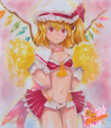 Rule 34 | 1girl, adapted costume, alternate costume, artist name, ascot, blonde hair, blush, bra, capelet, cheerleader, copyright name, crystal, flandre scarlet, gradient background, hat, hat ribbon, heart, looking at viewer, marker (medium), mayo riyo, midriff, mob cap, navel, open mouth, overskirt, panties, pastel (medium), pointy ears, pom pom (cheerleading), red eyes, ribbon, side ponytail, solo, touhou, traditional media, underwear, wings