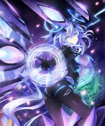 Rule 34 | 10s, 1girl, absurdres, arched back, ass, blue eyes, blue hair, bodysuit, breasts, building, cityscape, female focus, gloves, hair between eyes, headgear, highres, huge filesize, long hair, looking at viewer, looking back, magic circle, magical girl, matching hair/eyes, mechanical wings, neon trim, neptune (neptunia), neptune (series), next purple, official art, open mouth, outstretched arm, purple hair, purple heart (neptunia), shin jigen game neptune vii, solo, standing, symbol-shaped pupils, tsunako, twintails, very long hair, wings