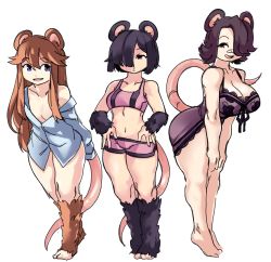 Rule 34 | 3girls, :d, absurdres, animal ears, babydoll, bandaid, bandaid on face, bandaid on nose, bare legs, bare shoulders, barefoot, black fur, black hair, blue eyes, bottomless, breasts, brown eyes, brown fur, brown hair, collarbone, commentary, commission, dellu (geenymous), dolphin shorts, dormouse (monster girl encyclopedia), dress shirt, english commentary, full body, fur, hair between eyes, hair over one eye, hands on own hips, highres, large breasts, large mouse (monster girl encyclopedia), leaning forward, long hair, looking at viewer, micro shorts, midriff, monster girl encyclopedia, mouse ears, mouse girl, mouse tail, multiple girls, naked shirt, navel, nellu (geenymous), open mouth, original, purple babydoll, shirt, short hair, shorts, sidelocks, simple background, single bare shoulder, sketch, small breasts, smile, sports bra, standing, tail, teeth, upper teeth only, vellu (geenymous), white background, white shirt, zanamaoria