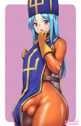 1boy blue_hair blue_tabard bodystocking bodysuit covered_penis cross cross_print dragon_quest dragon_quest_iii genderswap genderswap_(ftm) gloves long_hair looking_at_viewer nagase_haruhito orange_bodysuit priest_(dq3) print_headwear skin_tight solo steaming_body sweatdrop tabard thick_thighs thighs trap yellow_gloves