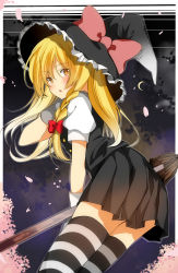 Rule 34 | 1girl, :o, asymmetrical hair, bad id, bad pixiv id, black hat, black vest, blonde hair, blush, border, bow, braid, broom, cherry blossoms, crescent moon, eyebrows, frilled hat, frills, from behind, gloves, hair bow, hand in own hair, hand up, hat, hat bow, highres, holding, holding broom, horizontal-striped legwear, kirisame marisa, leaning forward, looking back, moon, night, night sky, open mouth, orange eyes, pink bow, pleated skirt, puffy short sleeves, puffy sleeves, red bow, short sleeves, single braid, skirt, sky, solo, standing, striped clothes, striped thighhighs, suzuka (nonnonsuzuki20), thighhighs, thighs, touhou, vest, white border, white gloves, witch hat, zettai ryouiki