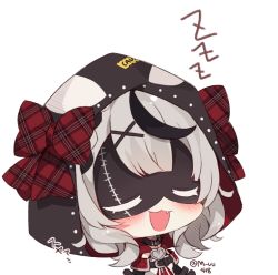 Rule 34 | 1girl, :d, black hair, black jacket, blush, bow, camisole, caution tape, chibi, closed eyes, facing viewer, fang, grey hair, hair ornament, hairclip, hololive, hood, hood up, jacket, multicolored hair, muuran, off-shoulder jacket, off shoulder, open mouth, plaid, plaid bow, red bow, sakamata chloe, simple background, smile, solo, stitches, streaked hair, translation request, twitter username, upper body, virtual youtuber, white background, white camisole, x hair ornament, zzz