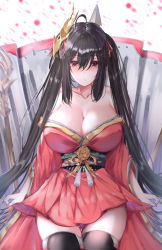 Rule 34 | 1girl, ahoge, azur lane, bad id, bad pixiv id, bare shoulders, black hair, blush, breasts, cleavage, collarbone, hair between eyes, highres, japanese clothes, jjkl9195, kimono, korean commentary, large breasts, long hair, looking at viewer, mask, mask on head, obi, red eyes, red kimono, sash, taihou (azur lane), thighhighs, thighs, very long hair