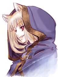 Rule 34 | 1girl, animal ear fluff, animal ears, belt, blonde hair, fangs, highres, holo, hood, jitome, long hair, looking at viewer, looking to the side, red eyes, signature, simple background, smirk, solo, spice and wolf, upper body, white background, yonemura kouichirou